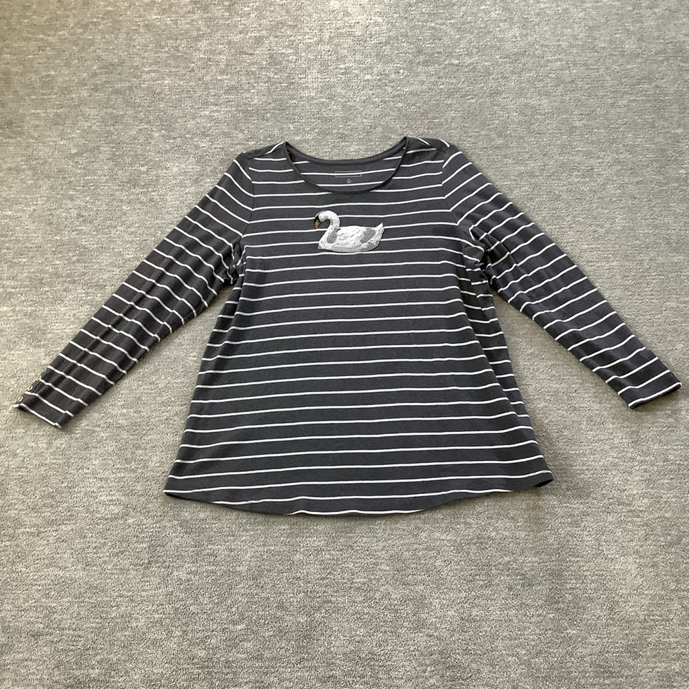 Charter Club Gray/White Striped Beaded Swan Top Sz. 2X